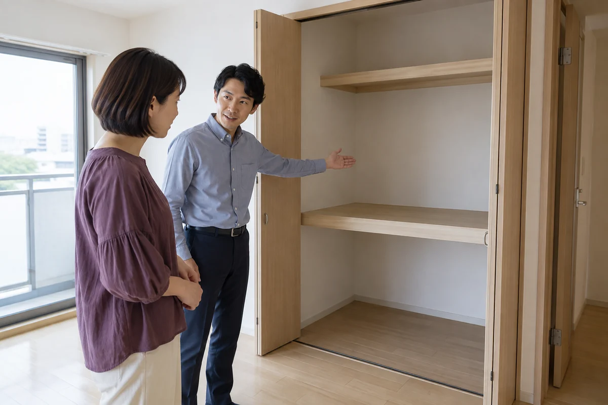 賃貸の部屋を内見し、収納を確認する人たち