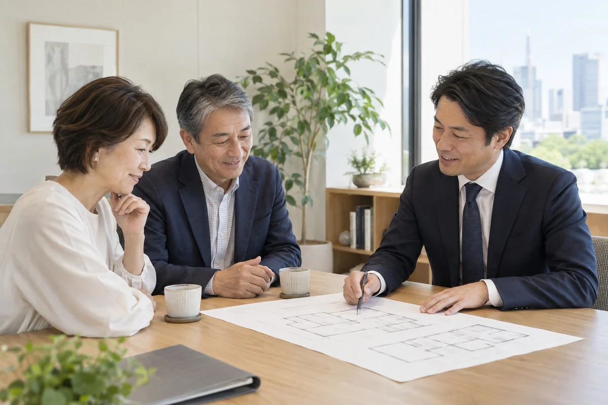 住まいの図面を見ながら相談する日本人のご夫婦と案内役