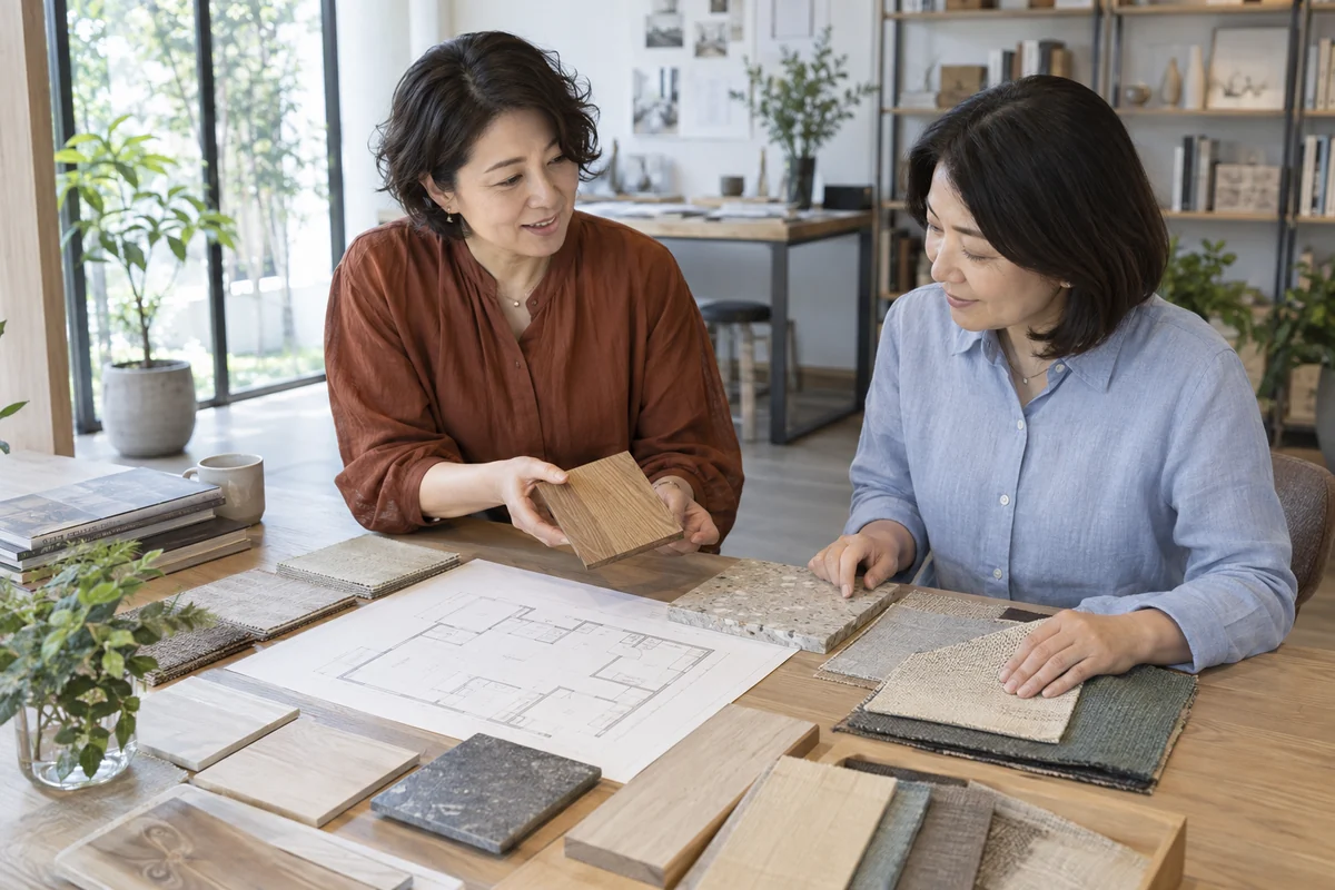木材・タイル・布のサンプルを比べて住まいの内装を考える人たち